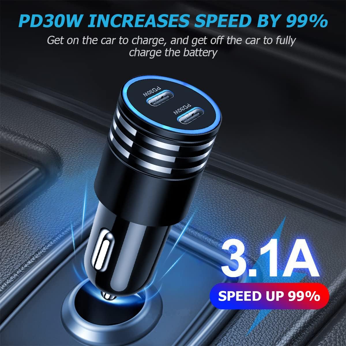 2Pack 60W USB Car Charger, Fast Charging Cigarette Lighter Adapter with 2 Ports, Type C Mini Car Charger for iPhone