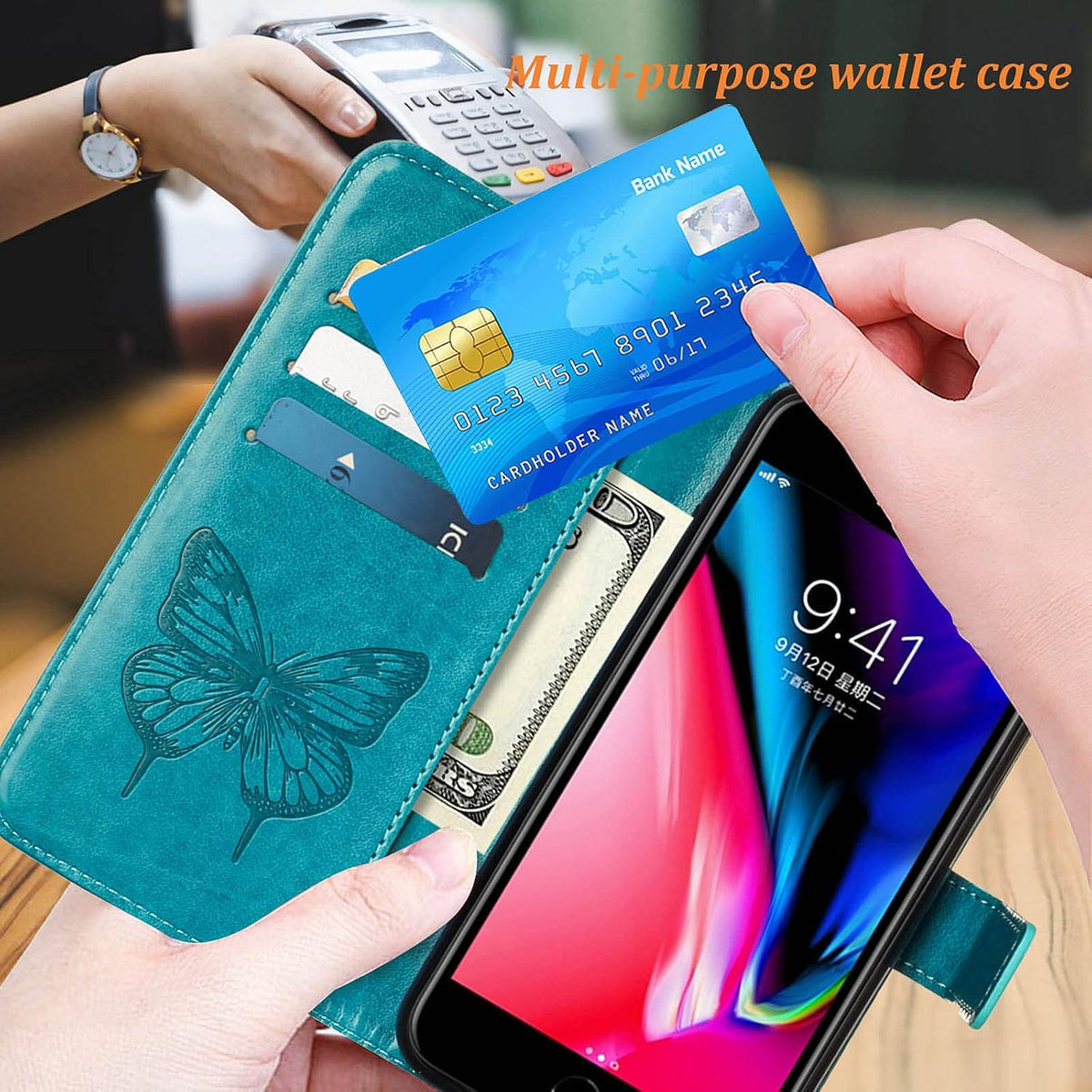 iPhone 7/8 Plus Wallet Case, Butterfly Floral Embossed, Card Holder Slots, Stand Leather Protective Flip Cover (Blue)