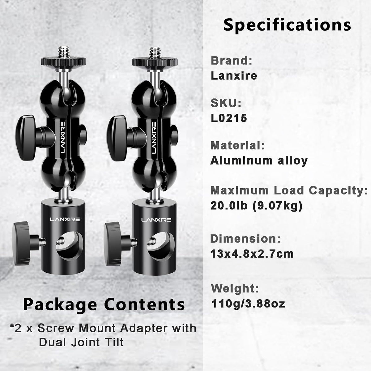 Light Stand Mount Adapter (2 Packs) with Double Ball Head, Compatible with Ring Light, Max Load 4.4lb/2kg