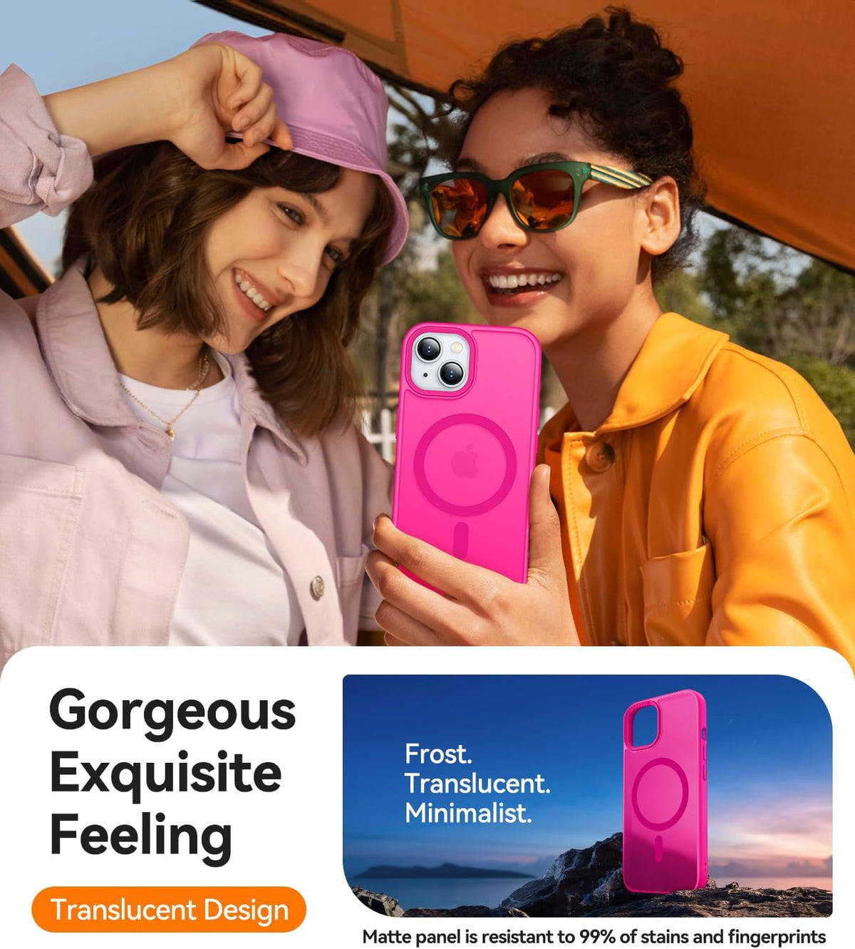 CANSHN Translucent Matte Back Case for iPhone 14/iPhone 13, Compatible with MagSafe, Hot Pink