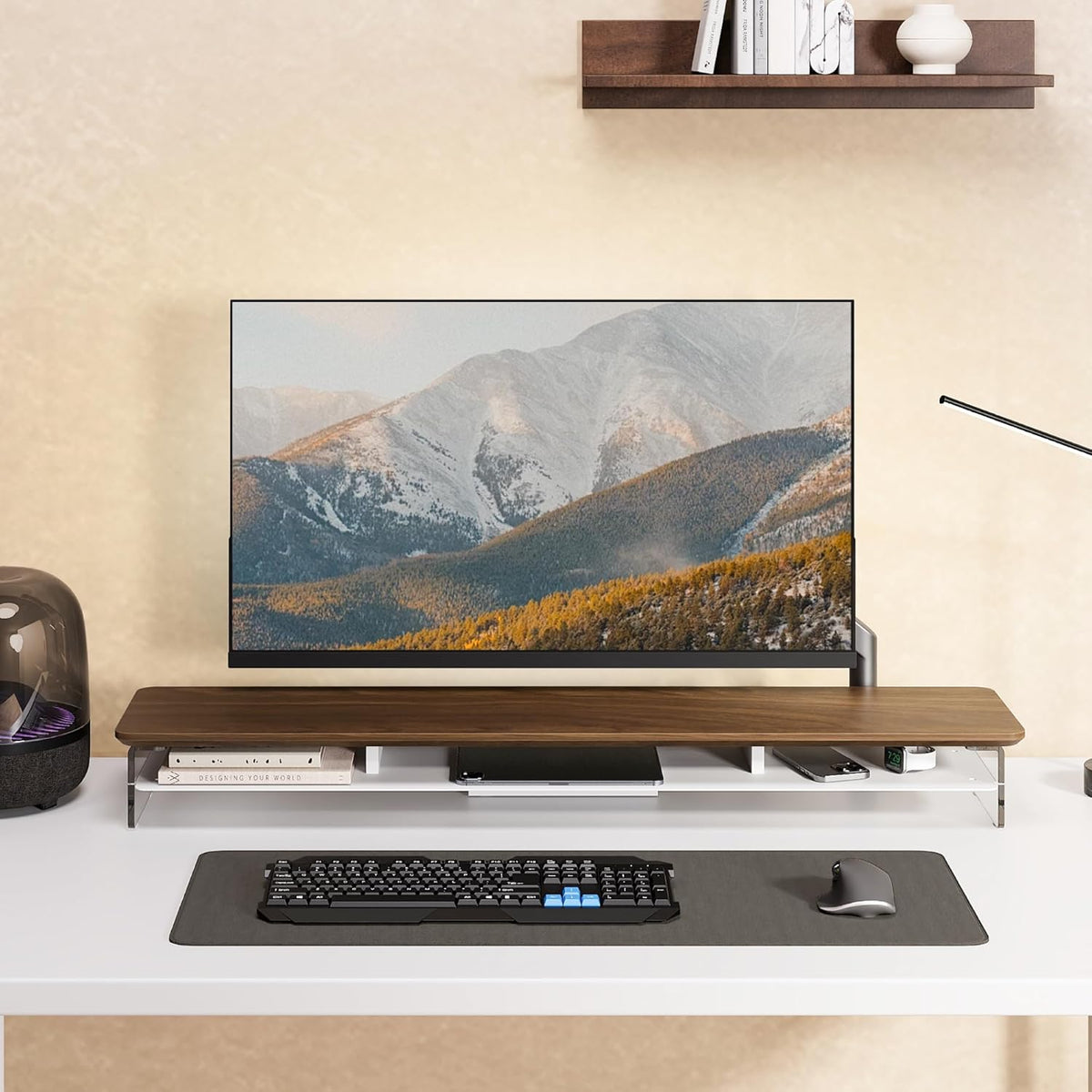 Fenge Acrylic Monitor Stand Riser, 42.5 Inches Dual Monitor Stand with Metal Storage, 2 Tier Acrylic Computer Riser for Desk, Clear Laptop Stand for PC, Laptop, Printer, TV, Brown