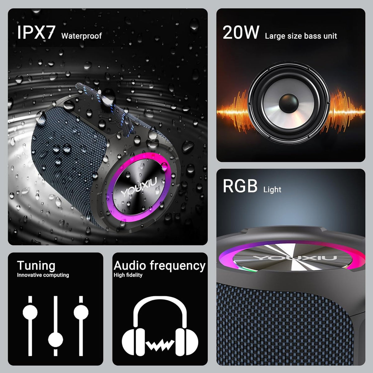 YOUXIU 40W Portable Bluetooth Speaker, 360 Degree Stereo Subwoofer, IPX7 Waterproof, Double Pairing Support