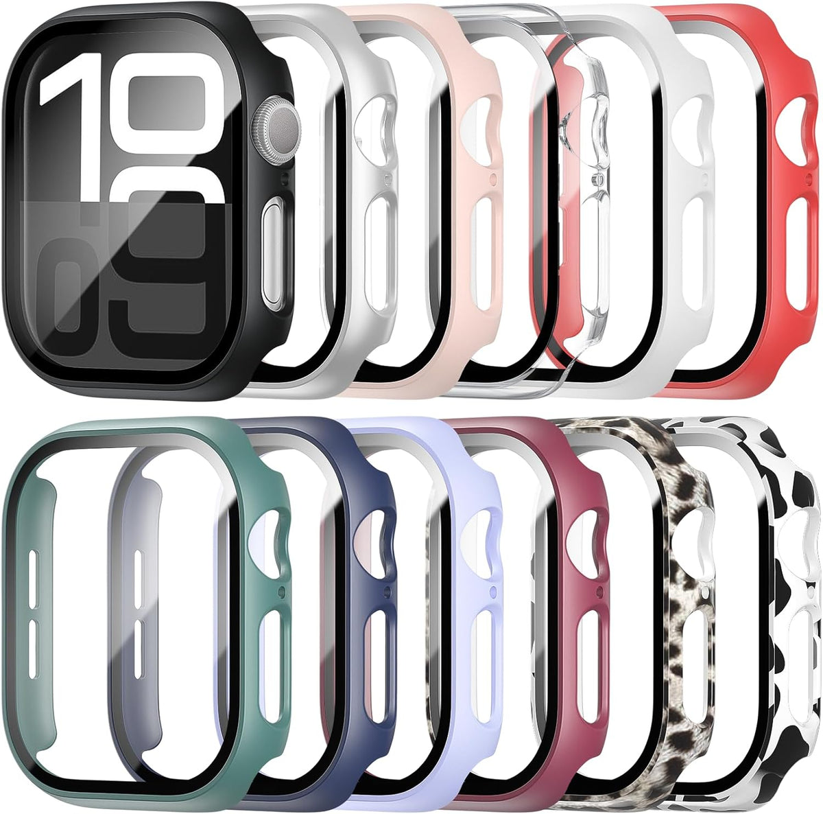 12 Pack Case with Tempered Glass Screen Protector for Apple Watch Series 10 42mm, Full Matte Leopard PC Cover