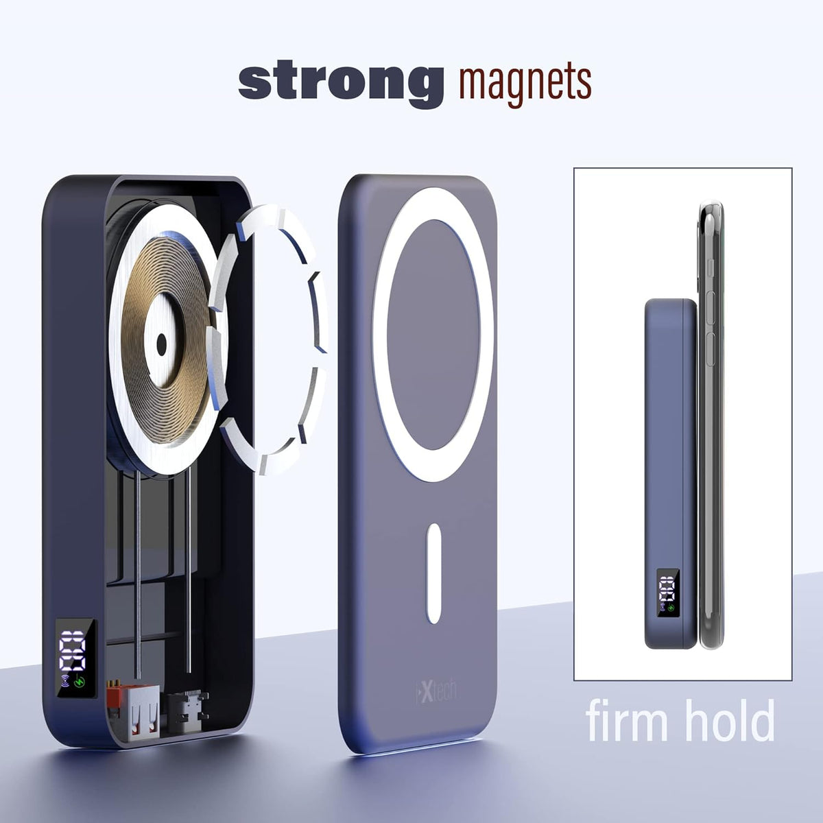 IXTECH Portable Power Bank 10,000mAh, Magnetic Phone Charger with Mag-Safe Compatibility, 15W Fast Wireless Charging,