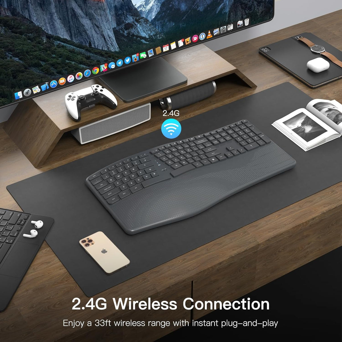 Ergonomic Wireless Keyboard with Wrist Rest, 2.4G Full Size Split Ergo Keyboard with Wave Keys, Comfortable Natural Typing for Windows Computer Desktop Laptop