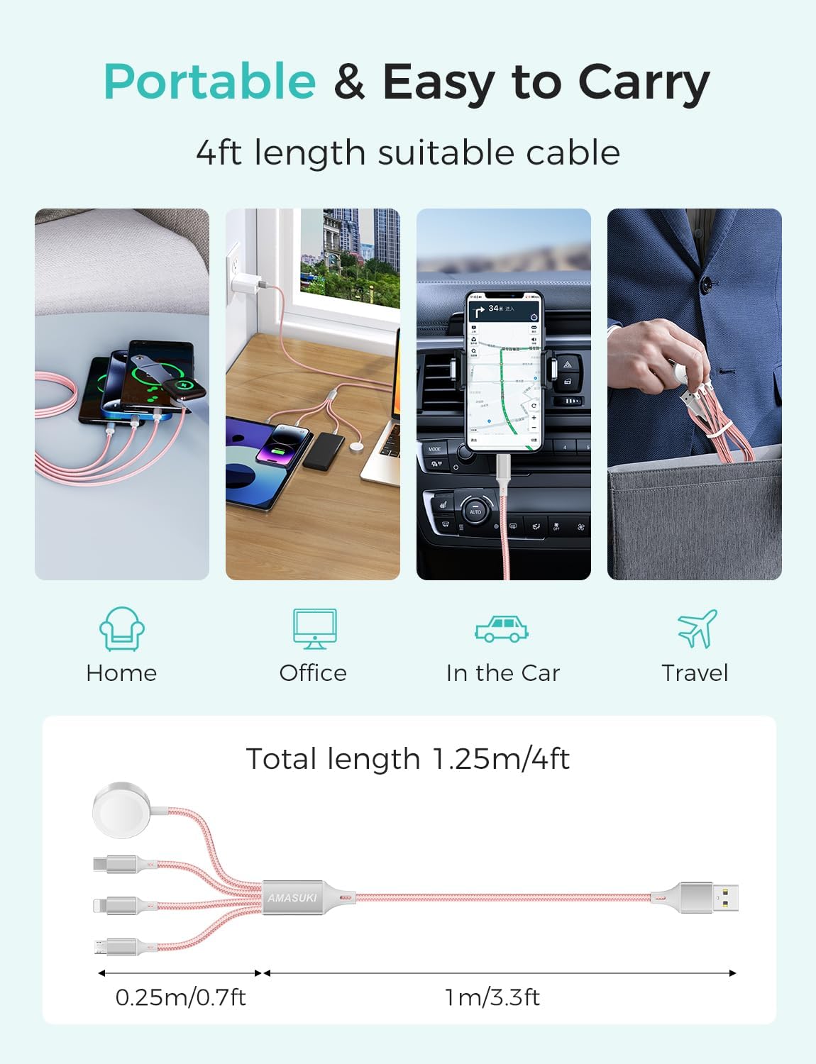 Travel Essentials Multi Charging Cable for Watch Charger 4 in 1 Fast Charger Camping Essentials USB C/L/Micro Compatible with Watch Series 10-1/SE/Ultra Phone 16 15/Galaxy Android-4FT/Pink