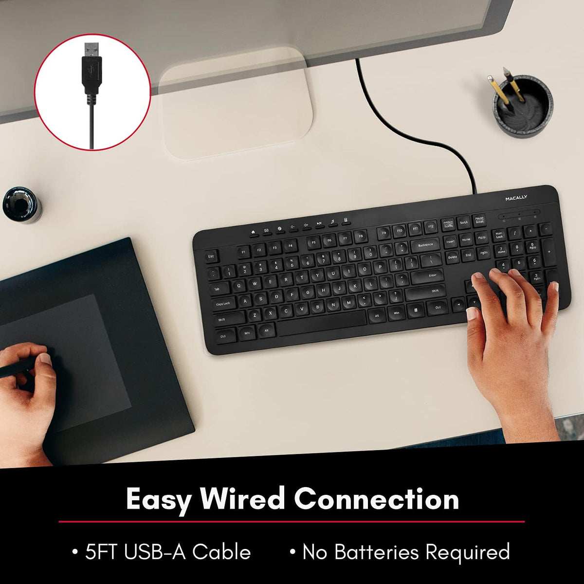 Macally Wired Full Size Keyboard, Quiet USB Keyboard for PC Desktop and Laptop, Comfortable for Typing