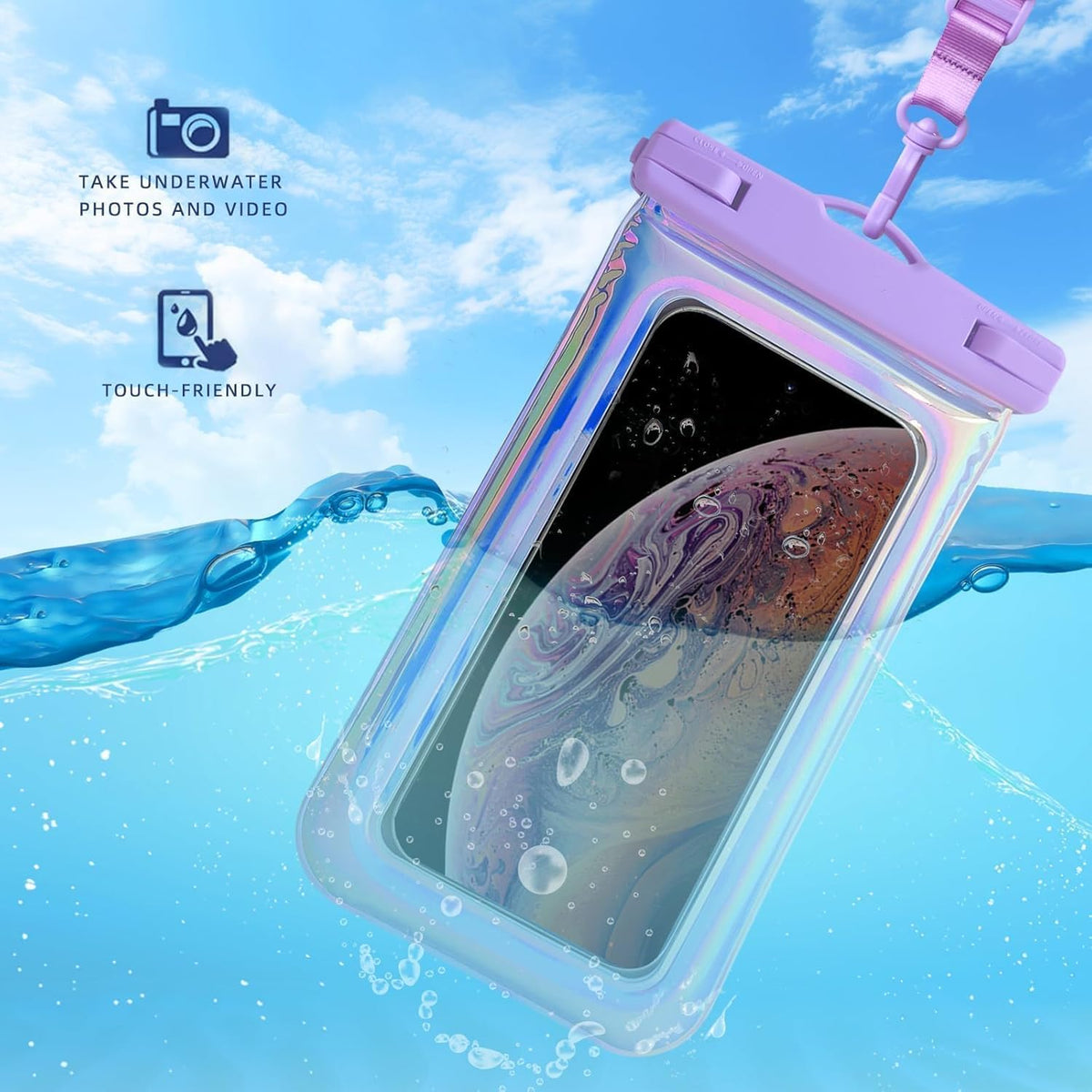 Floatable Waterproof Phone Pouch Case for iPhone 16 Pro Max/15/14/13/1, IP68 Travel Cellphone Dry Bag Beach Cruise Ship Essentials Bags with Crossbody Lanyard, Iridescent Purple and Blue B-7″