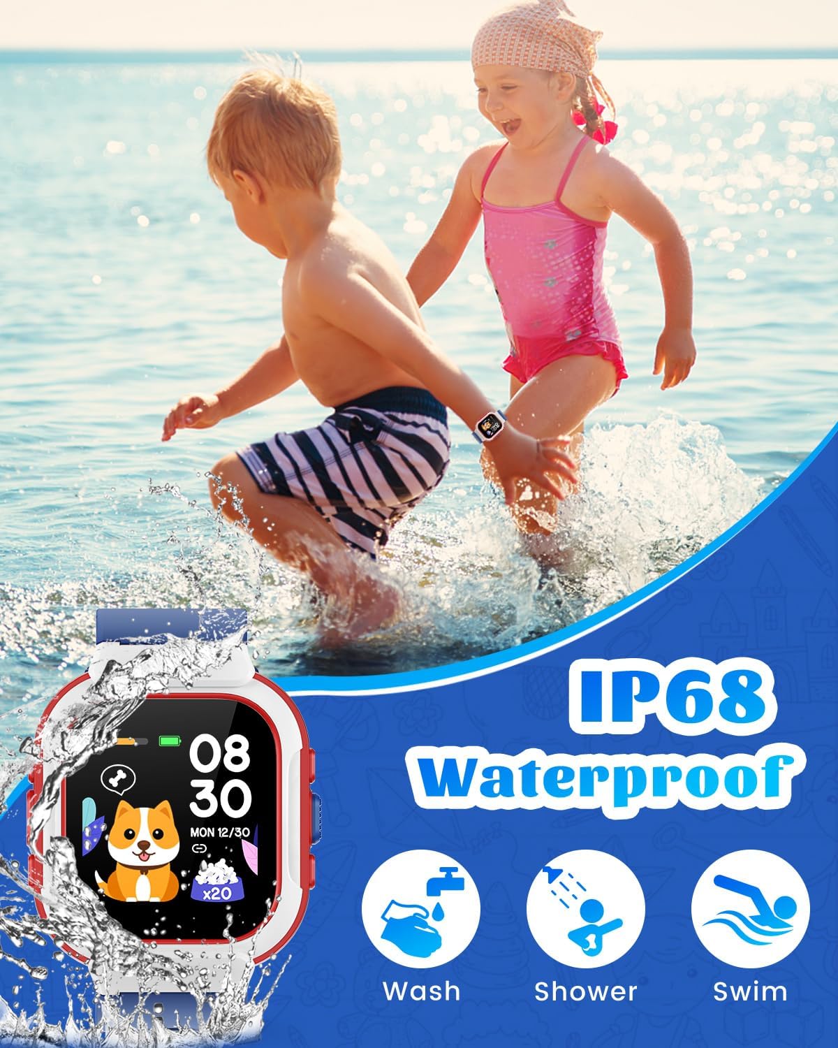 Smart Watch for Kids Girls Boys, Fitness Tracker with Pedometer, Heart Rate Monitor, IP68 Waterproof, Blue