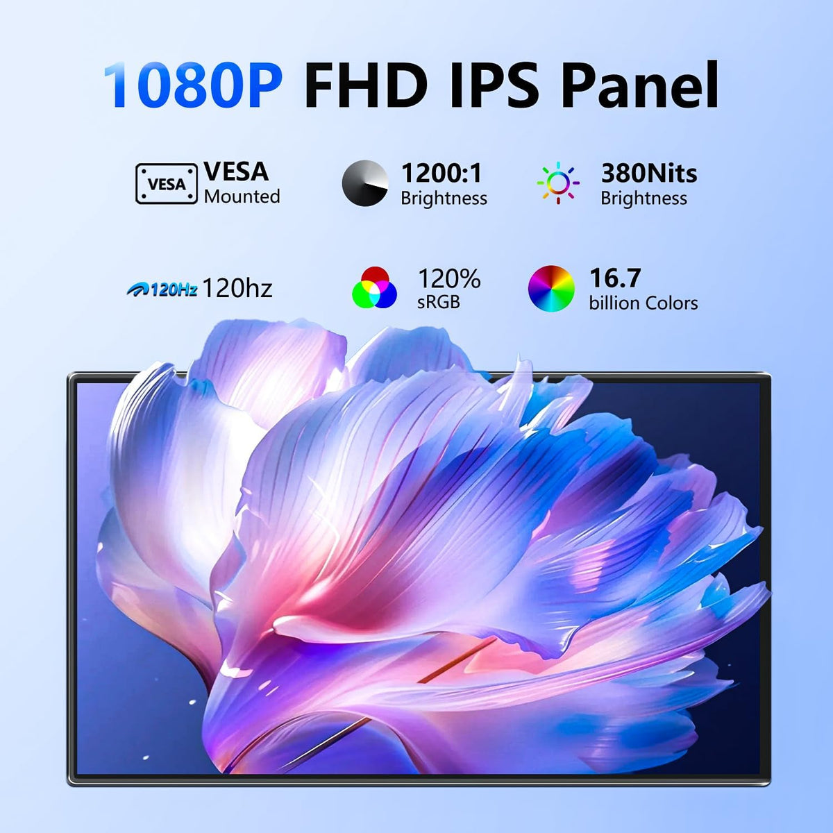 24'' Large Portable Monitor, FHD 120HZ 120% SRGB IPS USB-C HDMI Work Home Gaming Built-in Stand Speakers Second Monitor 1080P for Laptop, MacBook, Phones