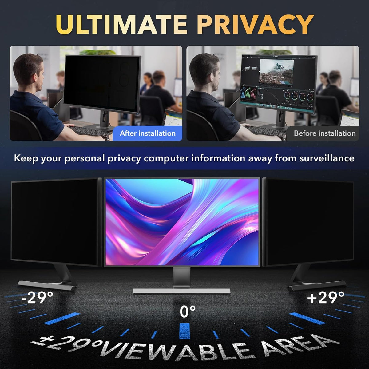 Magnetic Invisible Hidden Design Computer Privacy Screen Filter 27 Inch for Frameless Monitor 16:9 Aspect Ratio, Removable Anti Glare Blue Light Protector, Double Sided Reversible Eye Care 27in Film