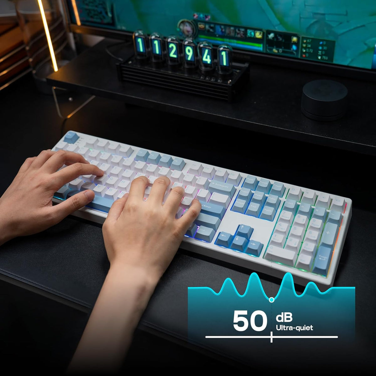 EPOMAKER TH108 Full Size Mechanical Keyboard, Wireless Gaming Keyboard with 8000mAh Battery, Creamy Gasket, 108 Keys, Hot Swap, Custom Driver, RGB Backlight (Blue&White, Sea Salt Silent)