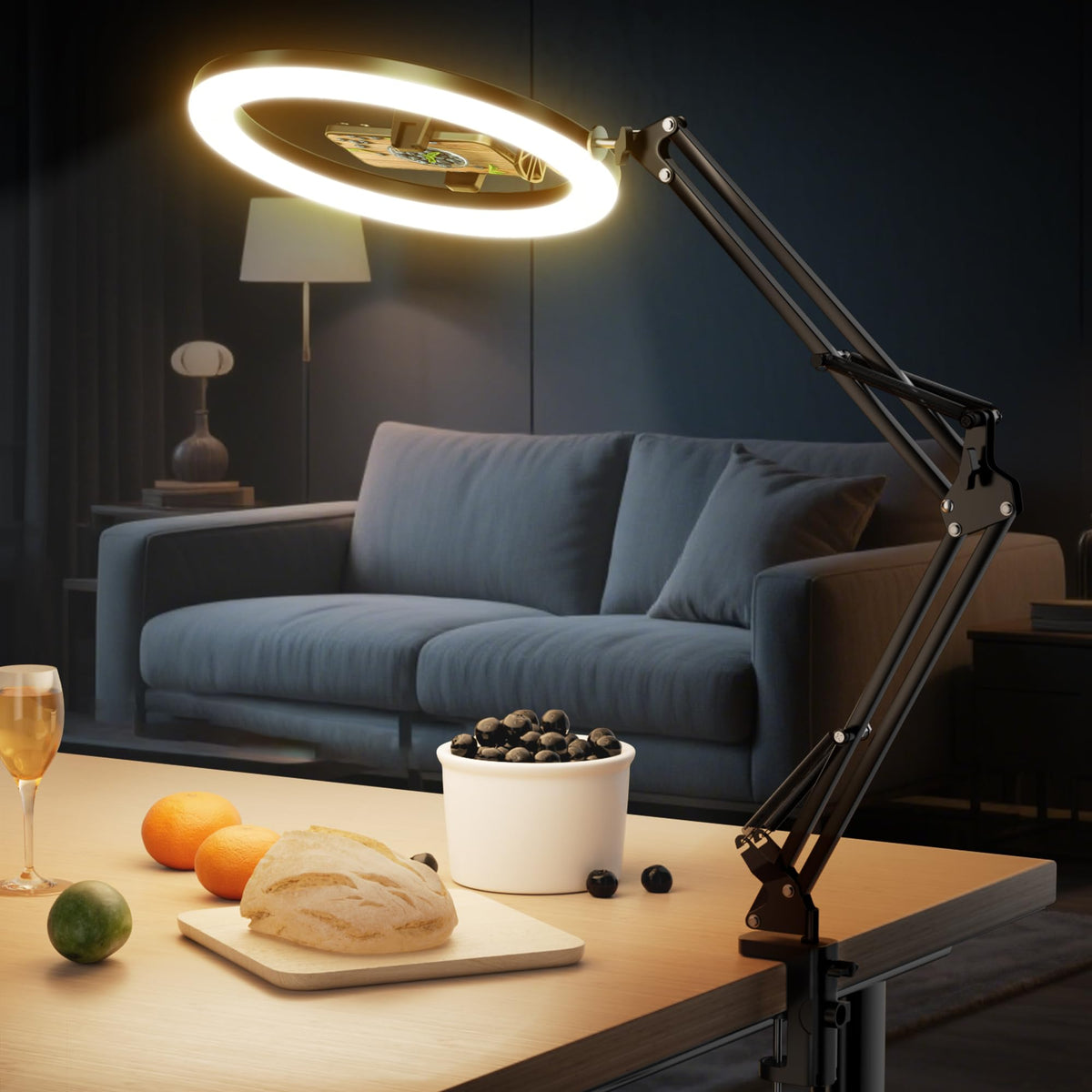 UBeesize 12’’ Overhead Ring Light for Desk with Phone Mount, LED Selfie Light with Adjustable Arm & Clamp, Dimmable Lighting for Video Recording