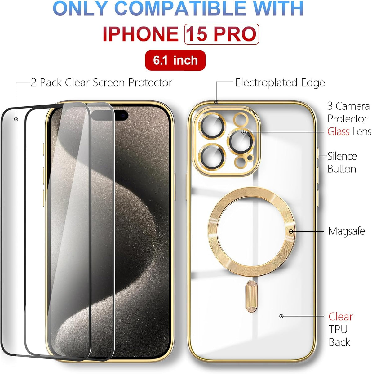 iPhone 15 Pro Case MagSafe - Transparent Electroplated Magnetic Case with Screen Protector & Camera Cover (Gold)