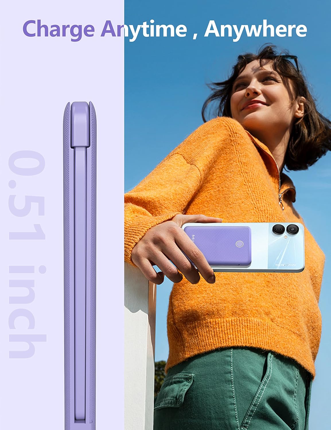 miisso 6000mah Ultra Slim Built in Cables Power Bank, Card Size Built in USB C Cords Battery Pack Portable Charger for Phones, 3 Output External Battery Pack Compatible with iPhone, Samsung, Purple