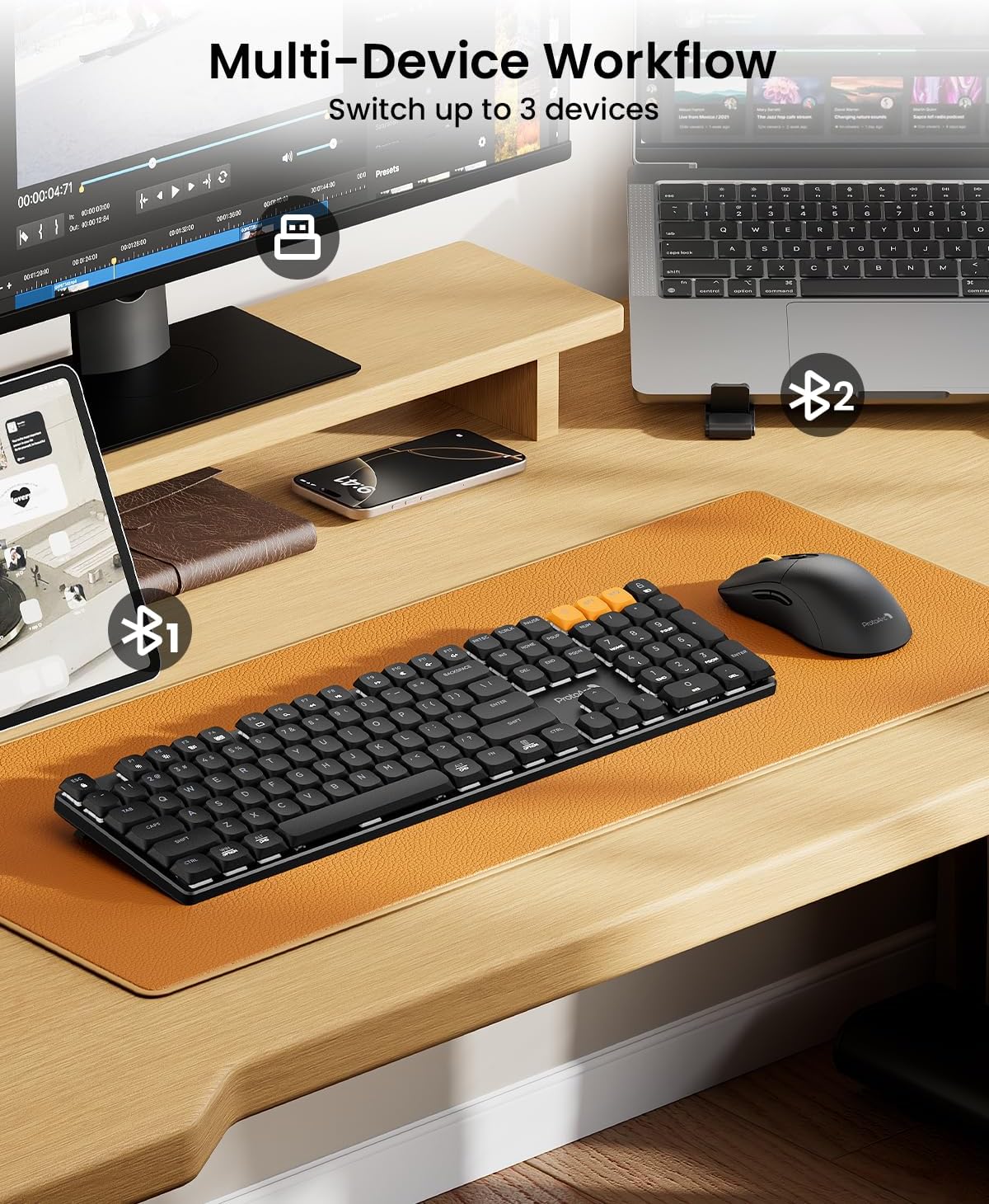 ProtoArc Mechanical Keyboard and Mouse, KM310 Wireless Rechargeable Aluminum Keyboard Mouse, 2.4G+Dual Bluetooth, Low Profile Keys, Red Switches, Multi-Device, for Windows/Mac - Black
