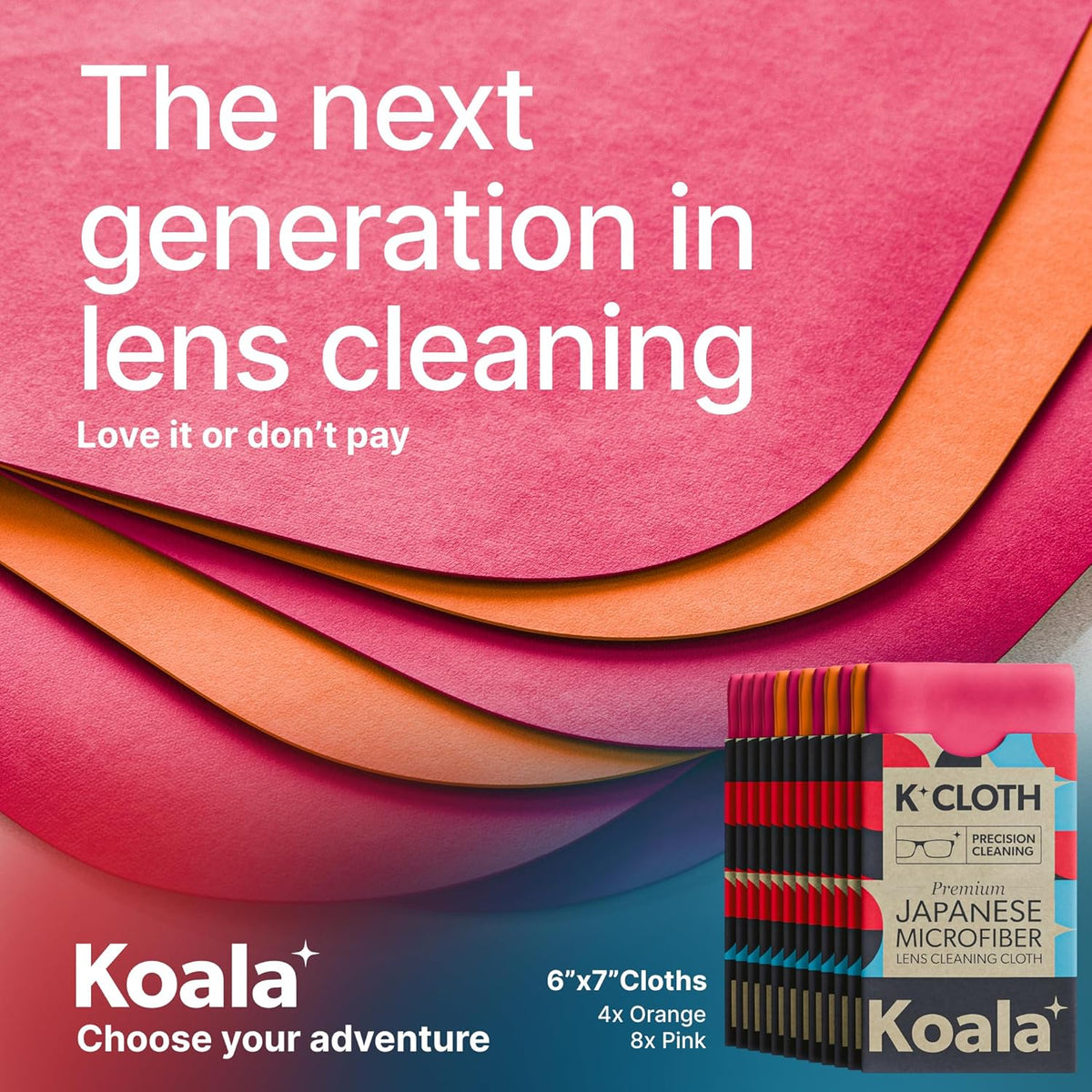 Koala Lens Cleaning Cloth | Japanese Microfiber | Glasses Cleaning Cloths | Eyeglass Lens Cleaner | Eyeglasses, Camera, VR/AR Headset, and Screen Cleaner | Pink & Orange (Pack of 12)
