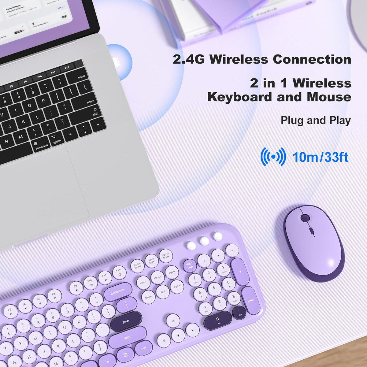 KNOWSQT Wireless Keyboard and Mouse Combo - Lovely Violet Rainbow Full-Sized Typewriter Colorful Keyboards, Round Keycap USB Plug Play Retro Cute Keyboards for Windows, Laptop, PC, Desktop, Computer