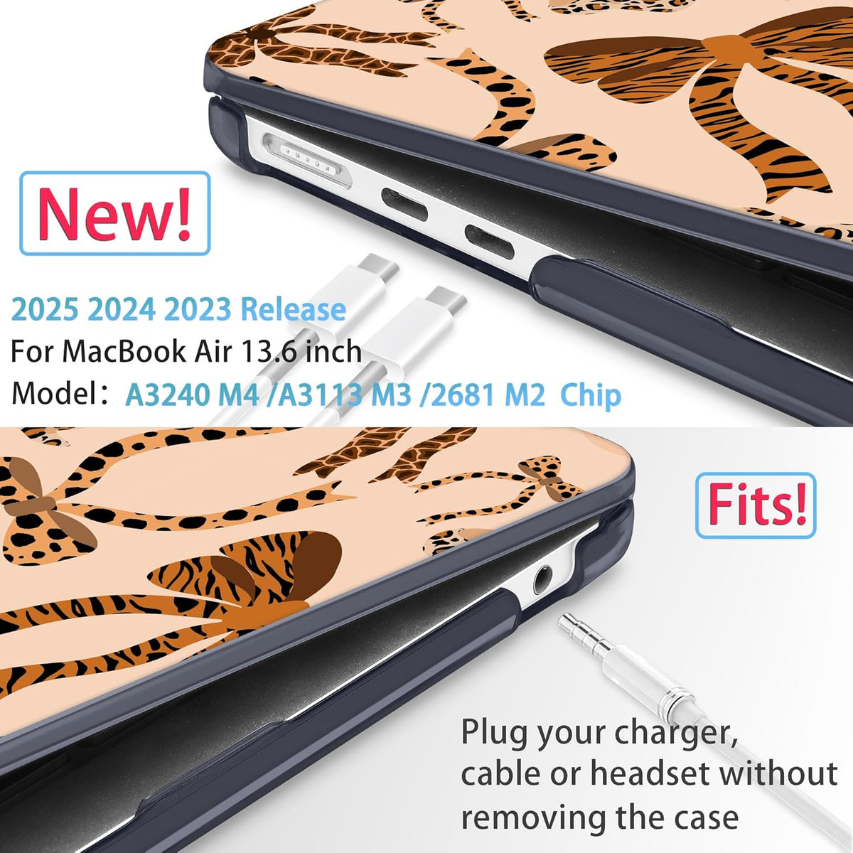 Mektron for 2025 M4 MacBook Air 13.6 Inch A3240 Case Fits 2023 A2681 M2 2024 A3113 M3 Chip with Liquid Retina Display Touch ID, Printed Plastic Hard Shell Cover for MacBook Air 13.6", Leopard Bows