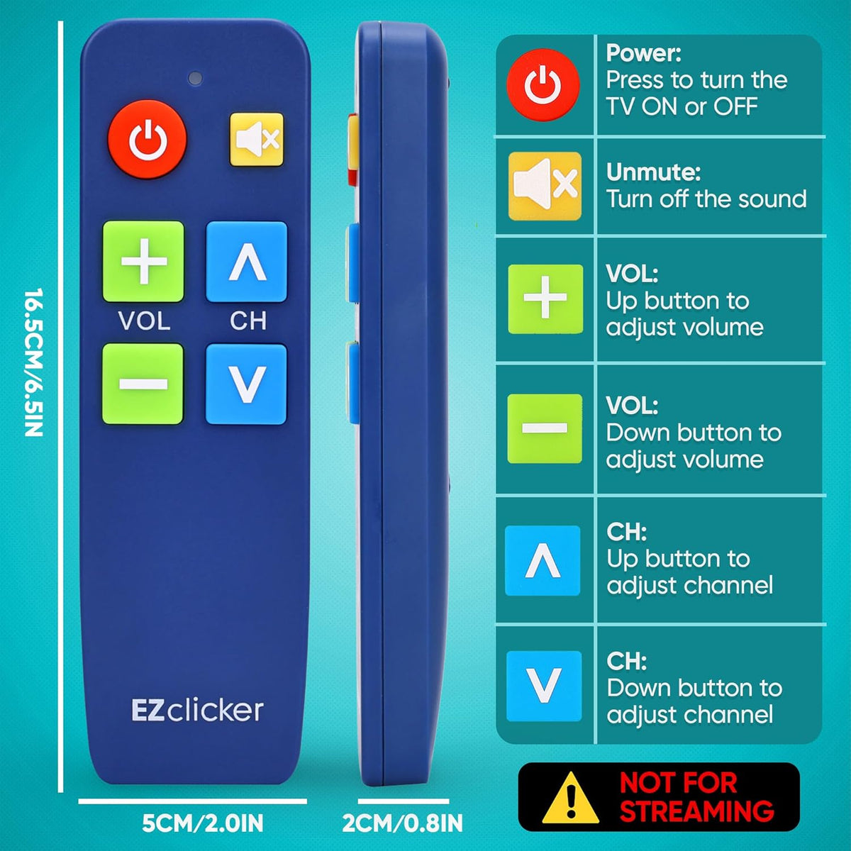 EZClicker (2xAAA TV Remote for Seniors, Extra Simple Big Button Remote (Blue) Works with Major TV Brands, NOT