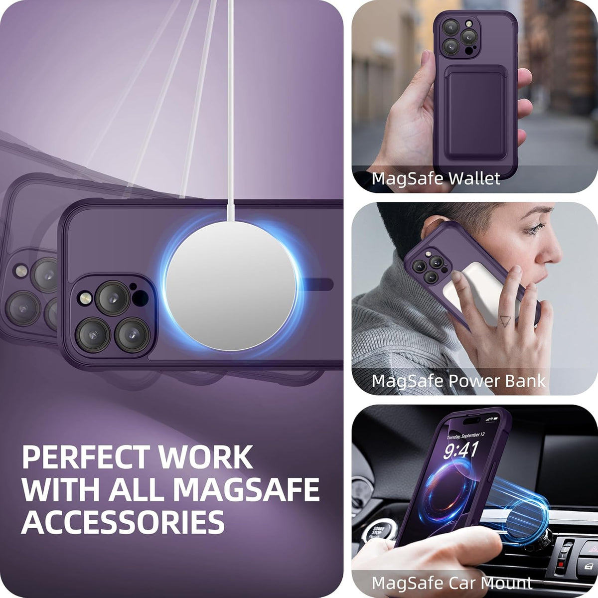 BERFY Magnetic for iPhone 16 Pro Max Case, Compatible with MagSafe, [Built-in 9H Tempered Glass Screen Protector & Camera Protection] Full Body Translucent Matte Phone case for 16 Pro Max, Deep Purple