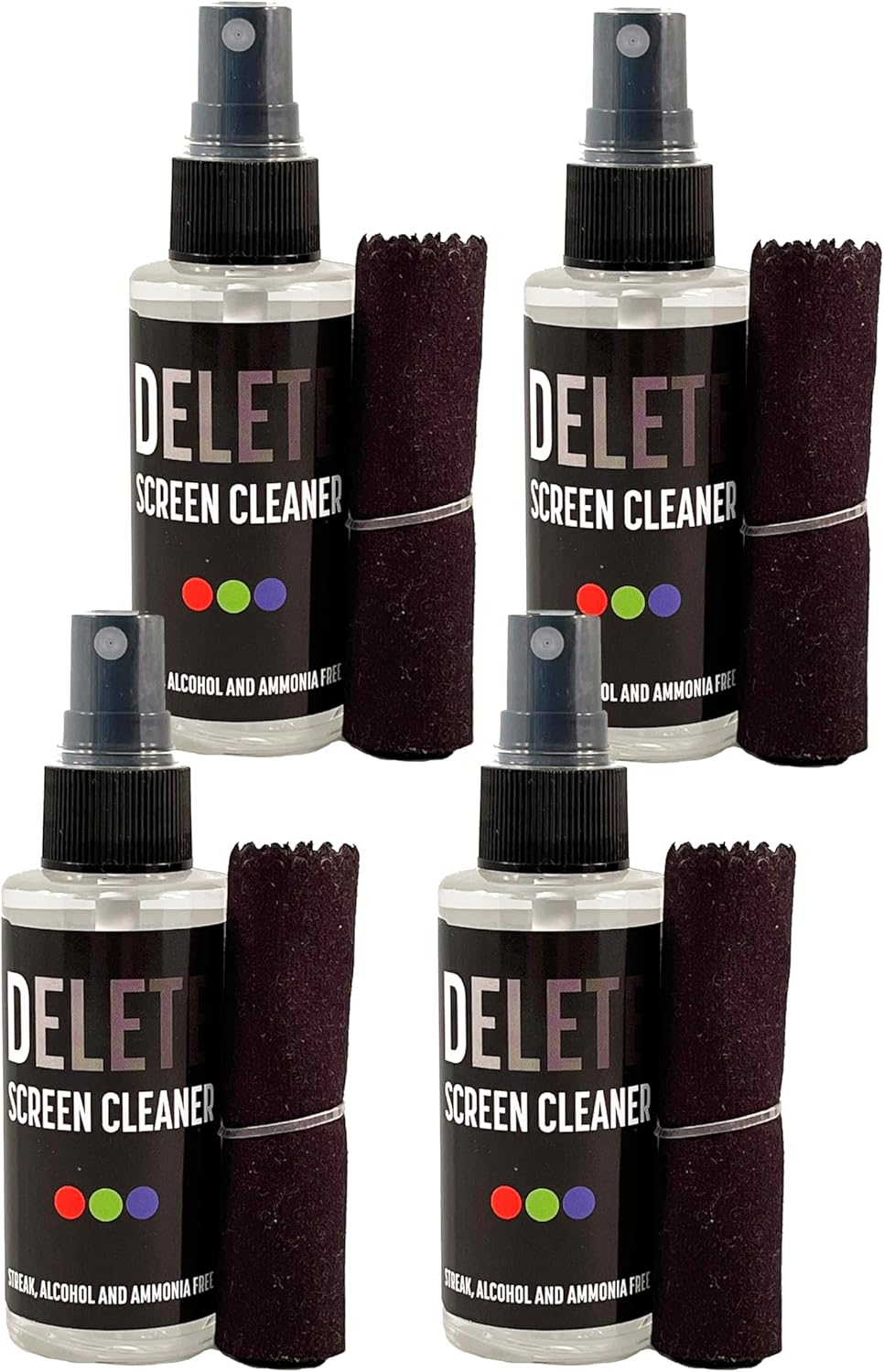 Delete Screen Cleaner Spray Kit, 4 Pack, 2oz Bottle and 12"x12" Microfiber Cleaning Cloth, Streak-Free, Safe and Gentle Formula, Multi-Purpose for Travel, Small TVs, Cameras, Laptops, Phones