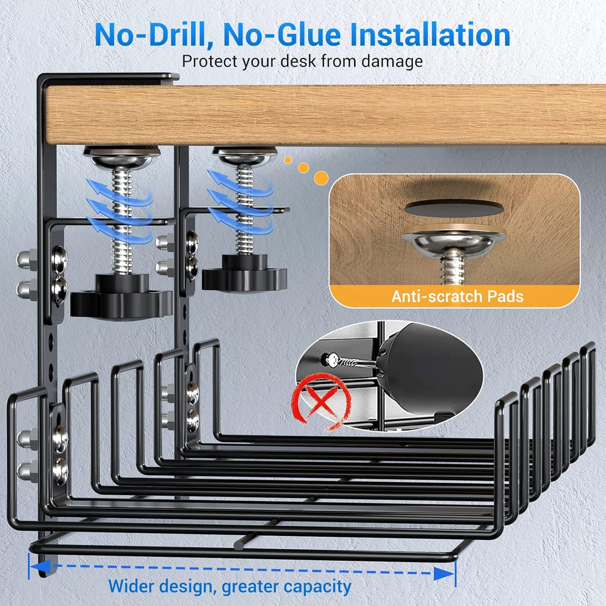 LUXEAR Under Desk Cable Management Tray 2Pack, Adjustable Removable Docking Station Wires Holder Rack, No Drill C-Clamp