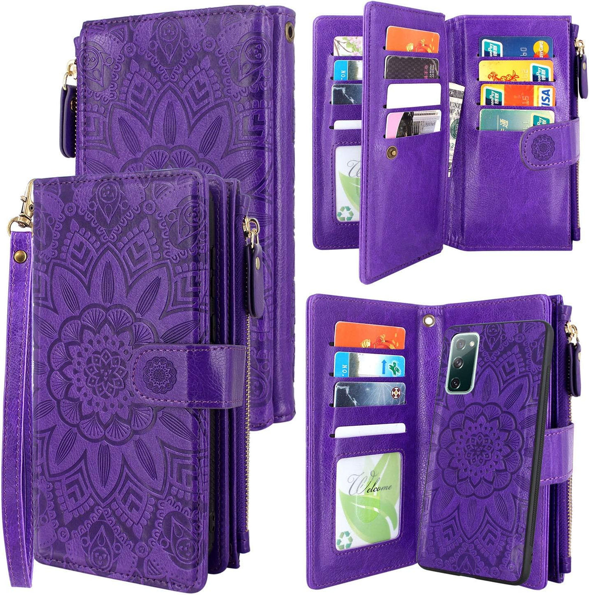 Harryshell Detachable Magnetic Zipper Wallet Case for Samsung Galaxy S20 FE 5G - Floral Leather Case with 12 Card Slots