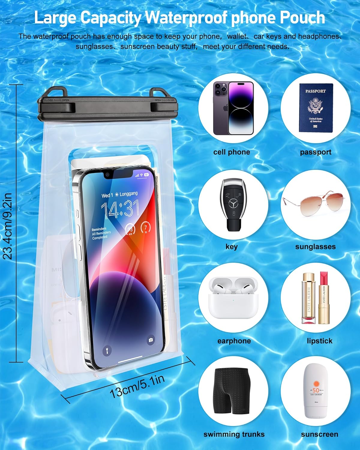 Large Waterproof Phone Pouch Universal Phone Waterproof Case for iPhone 15 14 13 12 Pro Max Galaxy S22 S21 IPX8 Water Proof Dry Bag with Wide Lanyard Large Capacity Waterproof Bag for Swimming