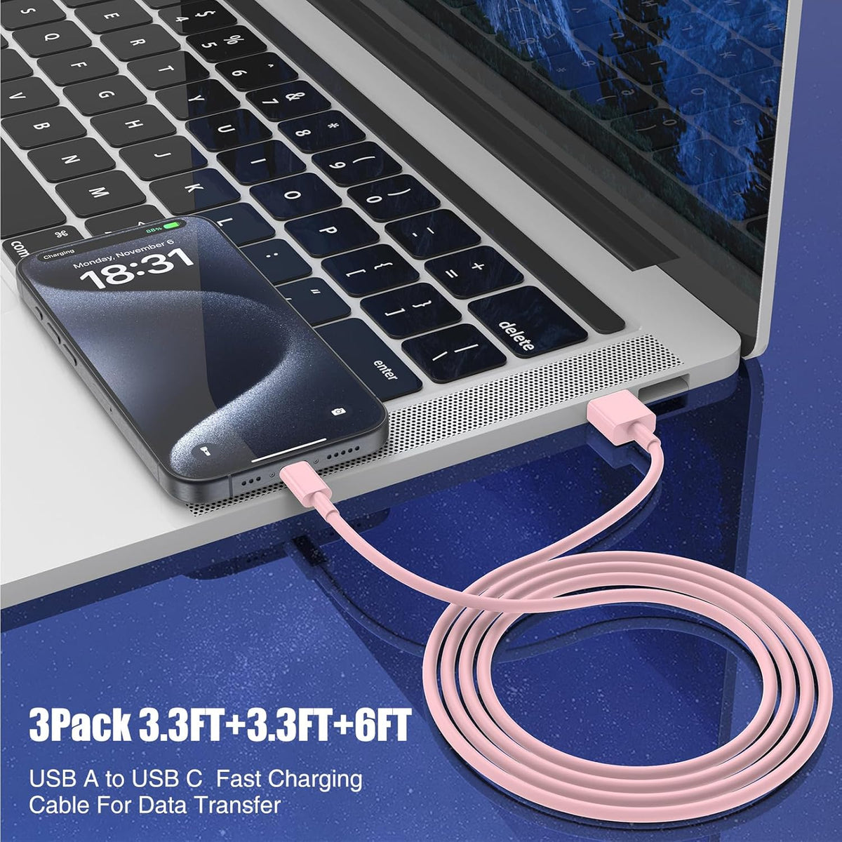 3-Pack Pink [3.3FT+3.3FT+6FT] USB A to USB C Cable，USB to USB C Car Carplay Cable for iPhone 16 15 Pro Plus Pro Max，for iPad Pro/Air/Mini，for Samsung S24/S23/S22/S21，for MacBook Pro/Air and More