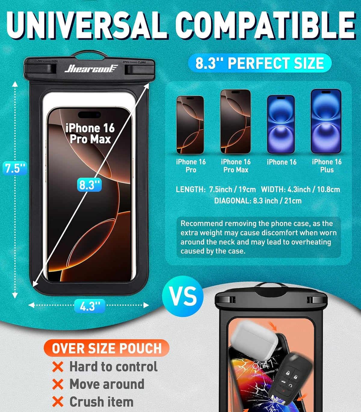 Hiearcool Waterproof Phone Pouch,Universal Waterproof Phone Case Dry Bag Travel Essentials for iPhone, Beach Accessories for Vacation Must Haves - Black&Navy-2 Pack