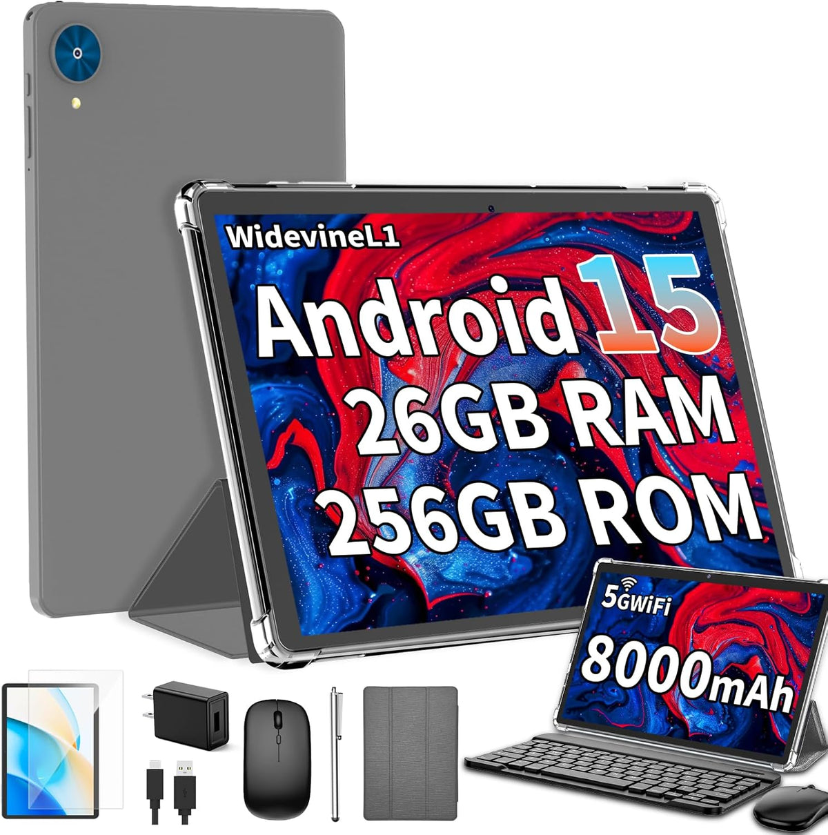 Android 15 Tablet with Keyboard, 26GB+256GB(2TB Expand), 10.1 Inch Tablet 8000 mAh Battery, BT 5.0, 5G WiFi, Widevine L1, Dual Camera, 2 in 1 Tab with Mouse, Case, Stylus（Silver）