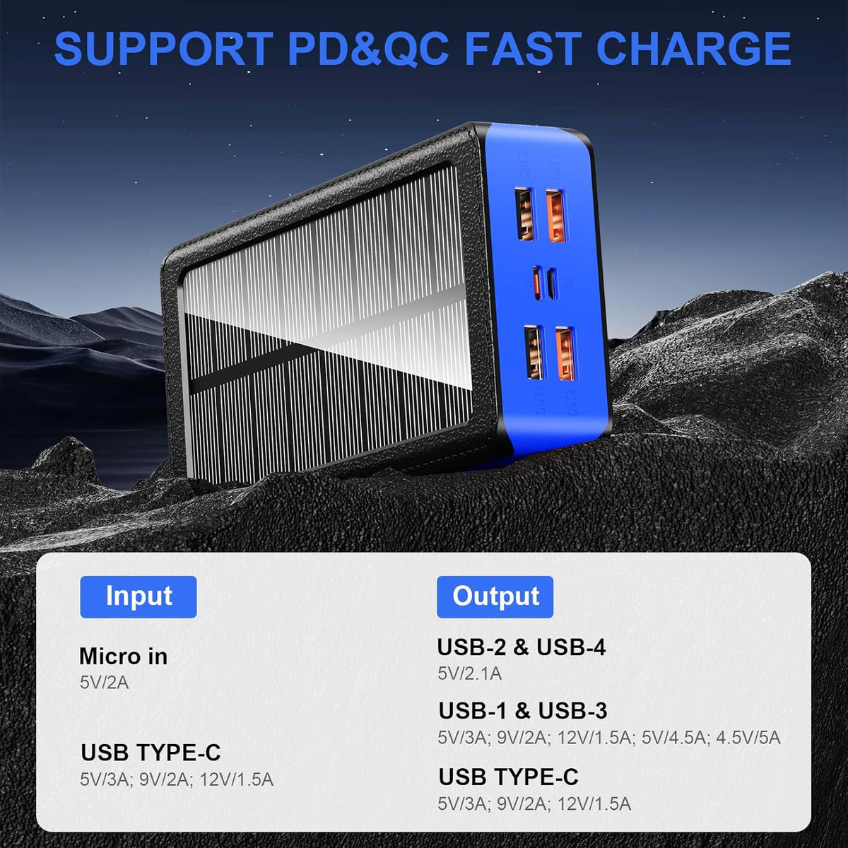Solar Charger Power Bank 66800mAh Portable Charger with USB-C in/Output 22.5W QC3.0 Fast Charging 5 Out Ports Battery Pack Built-in 32 Led Flashlights for iPhone Samsung Tablet Camping