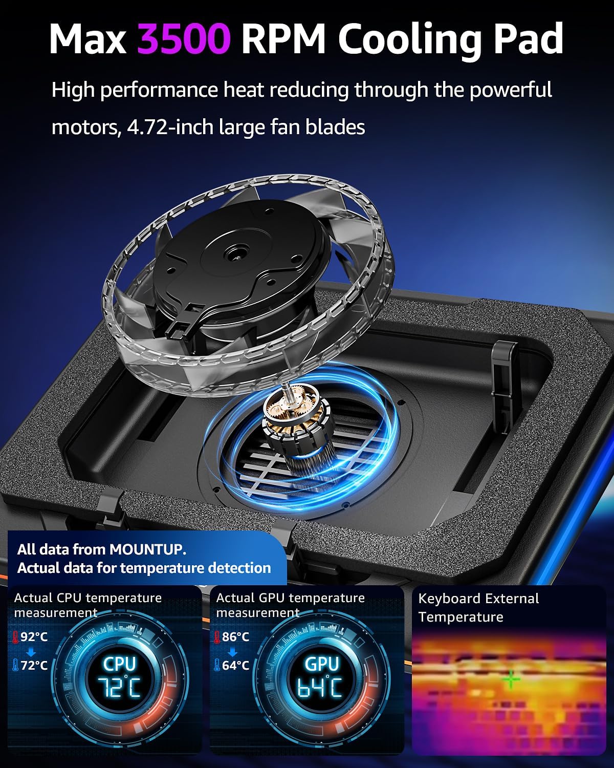 MOUNTUP RGB Laptop Cooling Pad for 13-19 Inch, Max 3500RPM Gaming Laptop Cooler, Cooling Pad Stand with Touch Switch to Control Speed, Laptop Fan Cooling Pad with Powerful 4.72 Inch Turbo Fan
