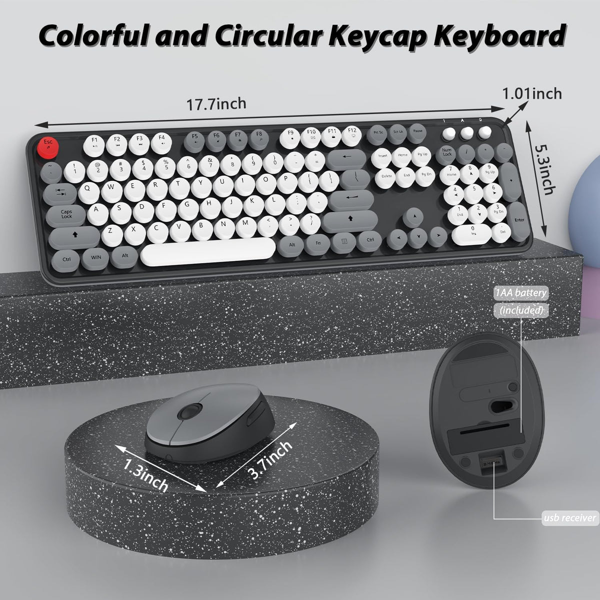 Wireless Keyboard Mouse Combo, 104 Keys Cute Wireless Keyboard with Number Pad for Windows, Grey