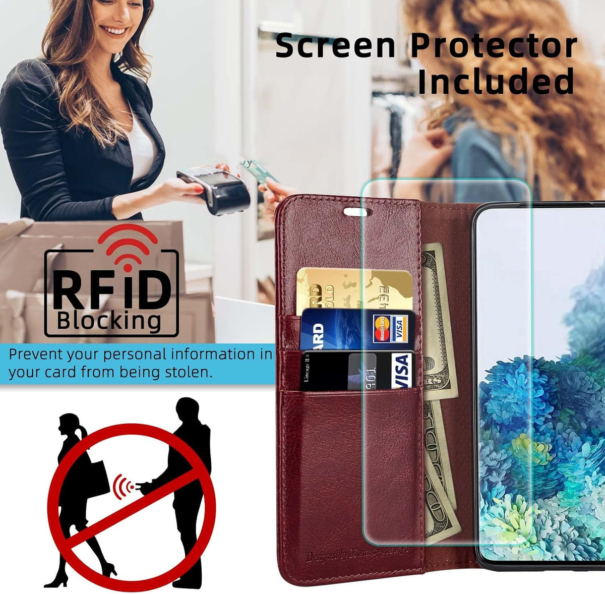 MONASAY Wallet Case for Galaxy Note 10+ Plus, 6.8 inch Flip Folio Leather Cell Phone Cover with RFID Blocking, Burgundy
