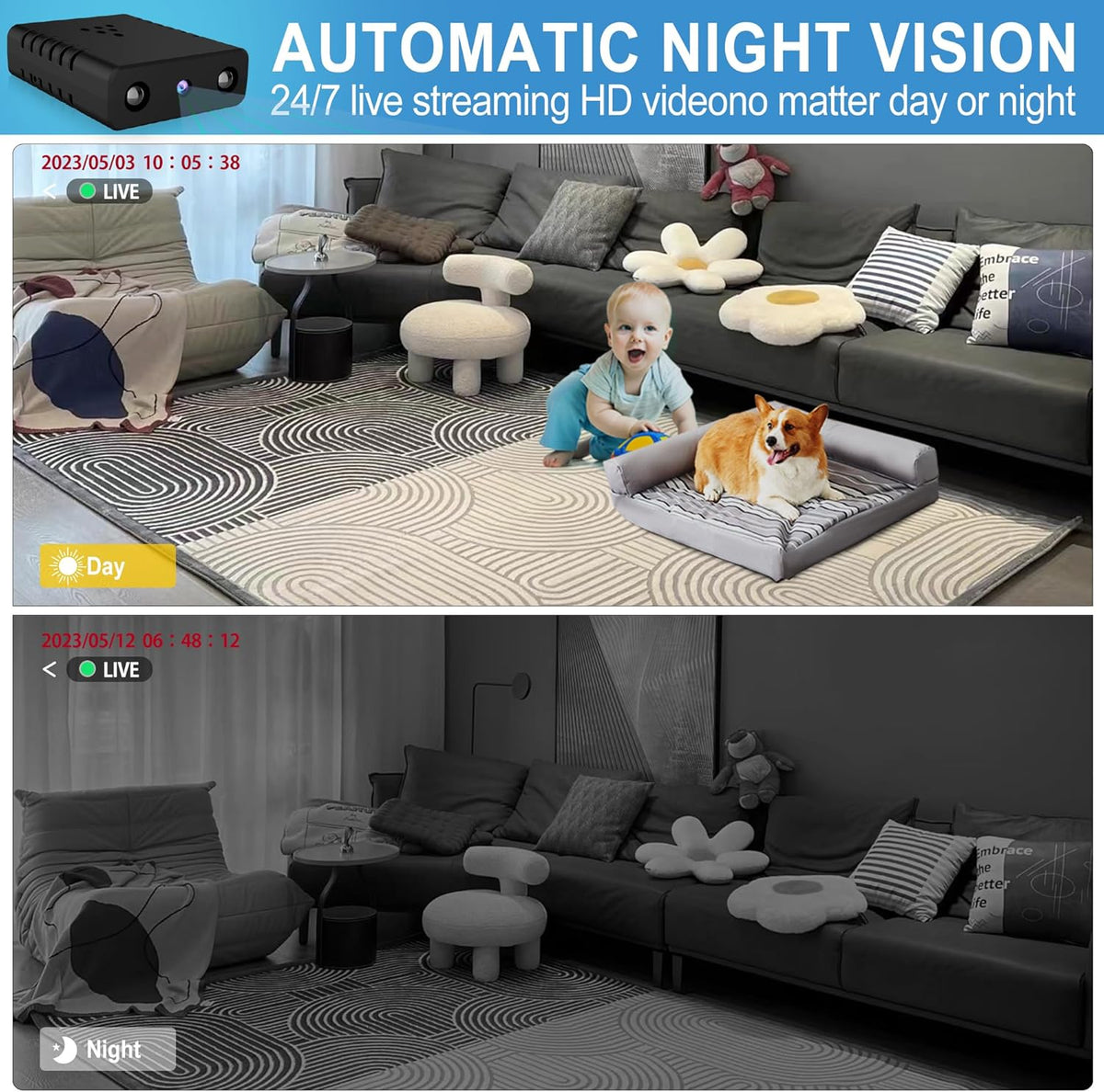 Spy Hidden Wireless WiFi Security Camera, Nanny Cam for Office Indoor Baby Surveillance with Motion Detection