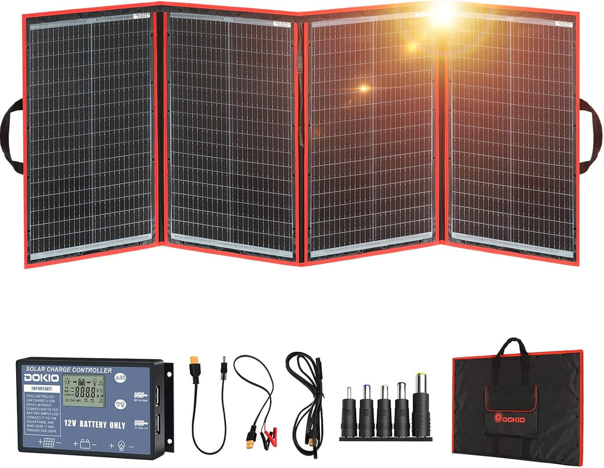 DOKIO 200W Portable Foldable Solar Panel Kit, Compact 20x26.4in Design 9.7lb with Separate Controller and Dual USB, Monocrystalline Charger for 12V Batteries & Power Stations, RV Camping Emergency Use