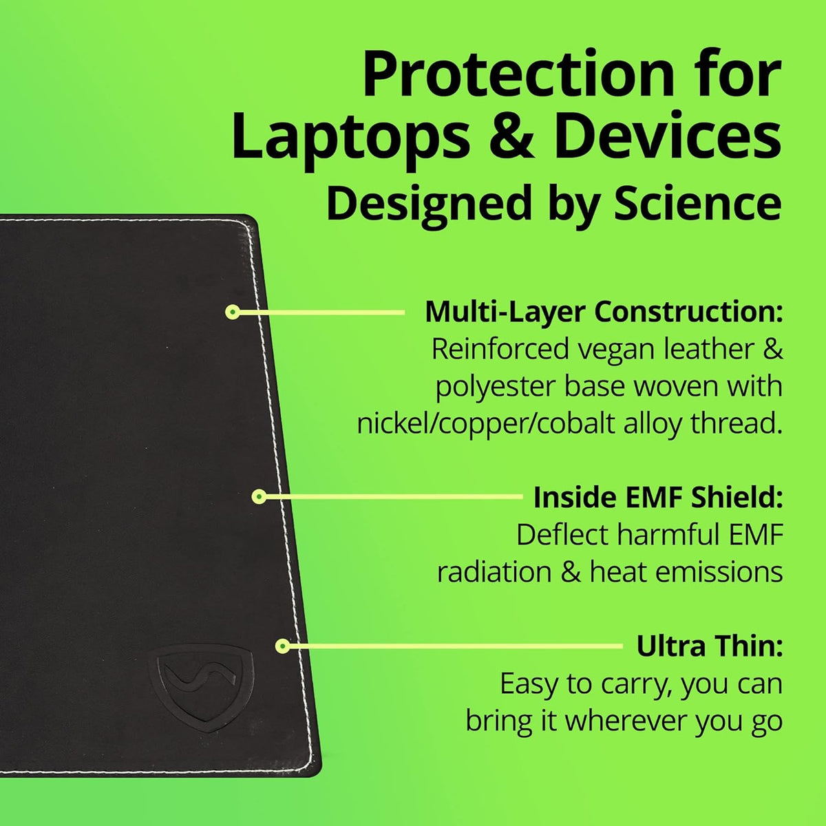 Shield Your Body - Laptop Lap Pad with SaferBody™, Anti Radiation Shield & Heat Shield Pad, EMF Blocker Laptop Pad for Up to 14in.Wide Device (13.8 x 10.7 inches), Jet Black PU Leather Color