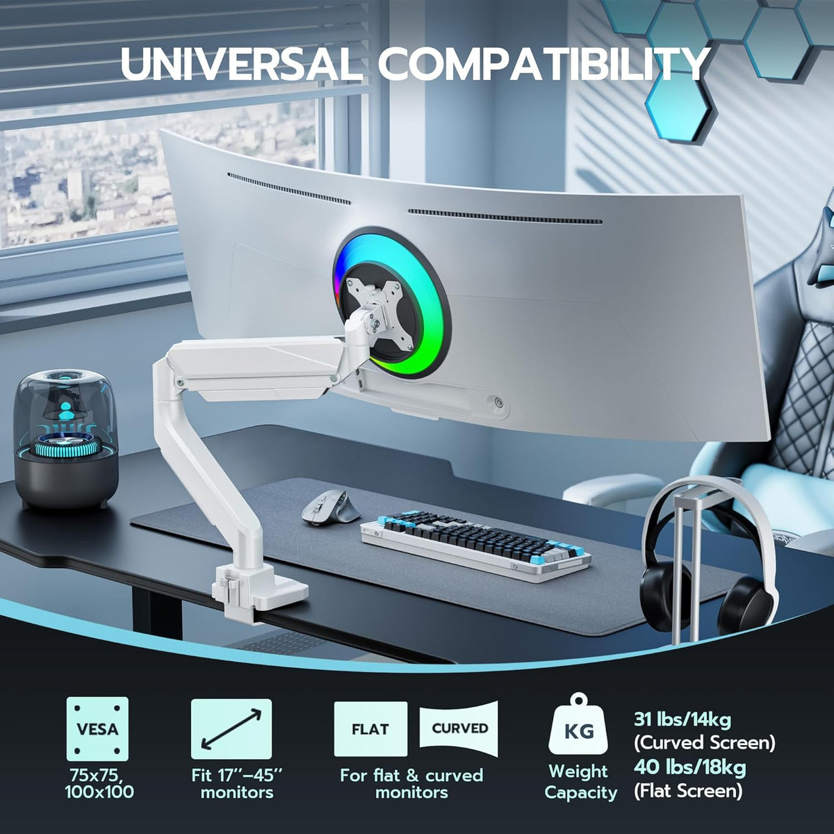 ARES WING Ultrawide Single Monitor Arm, Heavy Duty Monitor Mount for 13"-45" Curved Screens, Adjustable Stand for Desk with C-clamp & Grommet Base up to 40 LBS, White