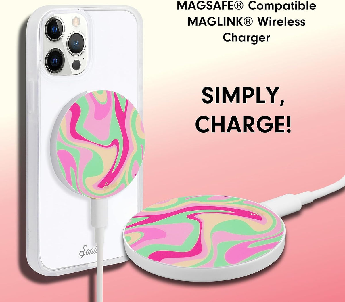 Sonix Charger | Fast Wireless Charger with 6.5ft Cable (USB-C) | Compatible with MagSafe | Strawberry Matcha