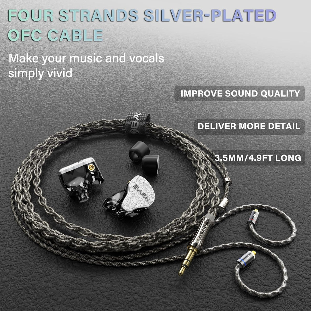 BASN Bmaster5 in Ear Monitors, 5 Drivers Drummer Headphones with Powerful Bass, Noise Isolation IEM Earbuds with Detachable MMCX Sliver-Plated OFC Cable for Musicians (Glacier White, MMCX)