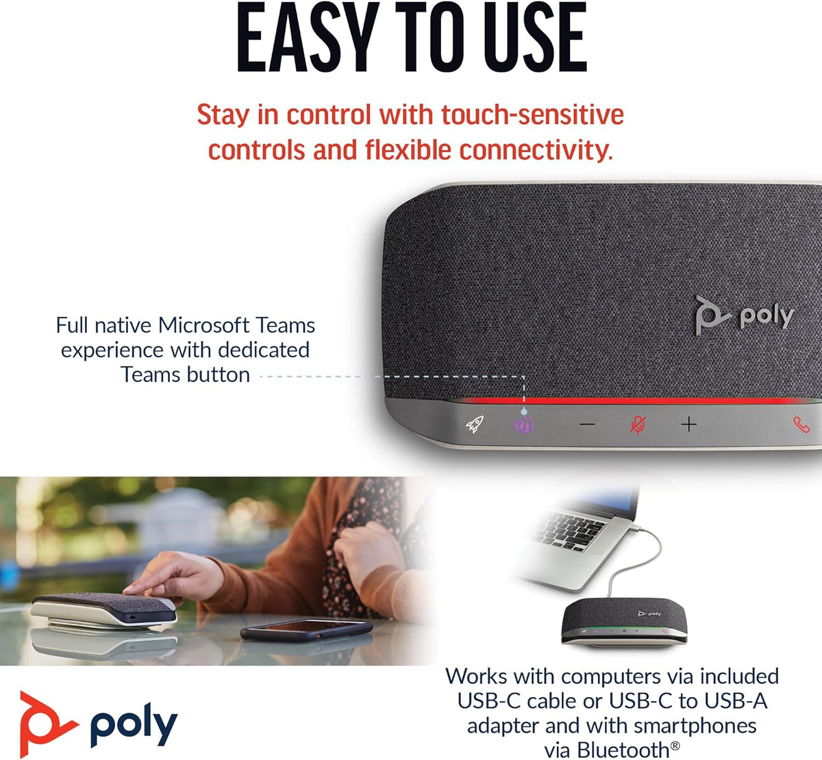 Poly Sync 20 USB-C Personal Portable Smart Speakerphone (Plantronics) – Long Battery Life – Noise/Echo Reduction -Works w/Teams (Certified), Zoom, PC, Mac, Mobile – Amazon Exclusive