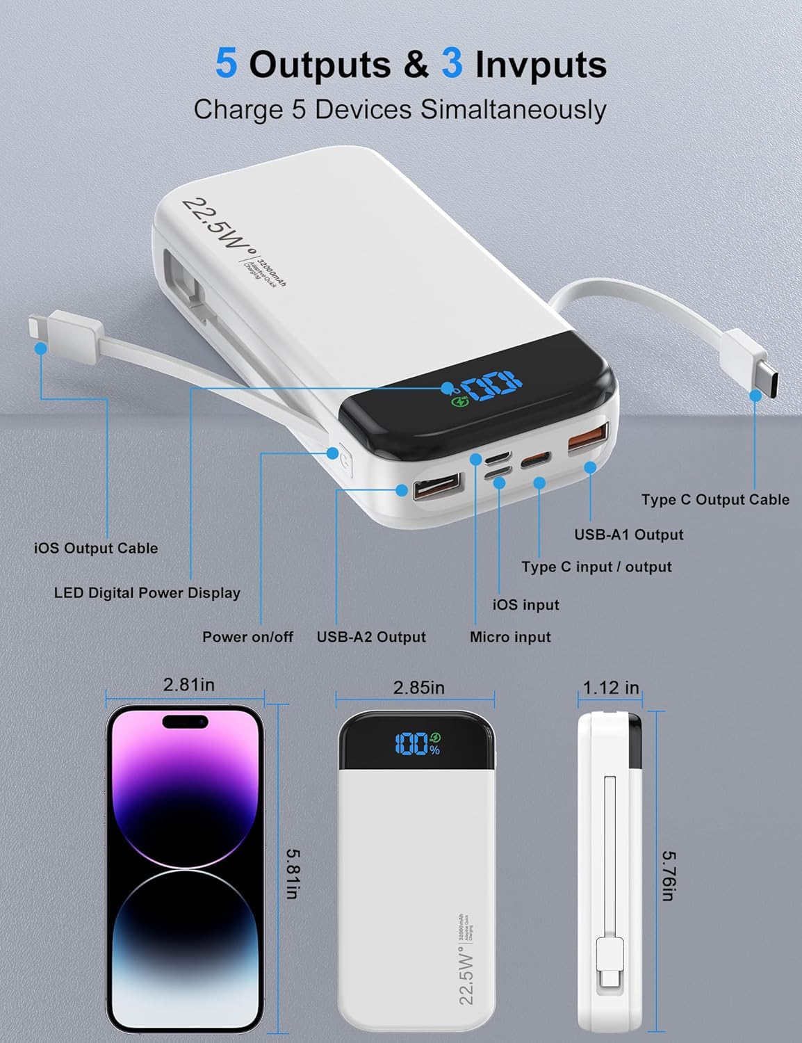 Portable Charger Power Bank 32000mAh with Built in Cables, PD3.0 USB C Fast Phone Charger, 5 Outputs LCD Display Travel Battery Pack Compatible with iPhone, Samsung All Cell Phones (White)