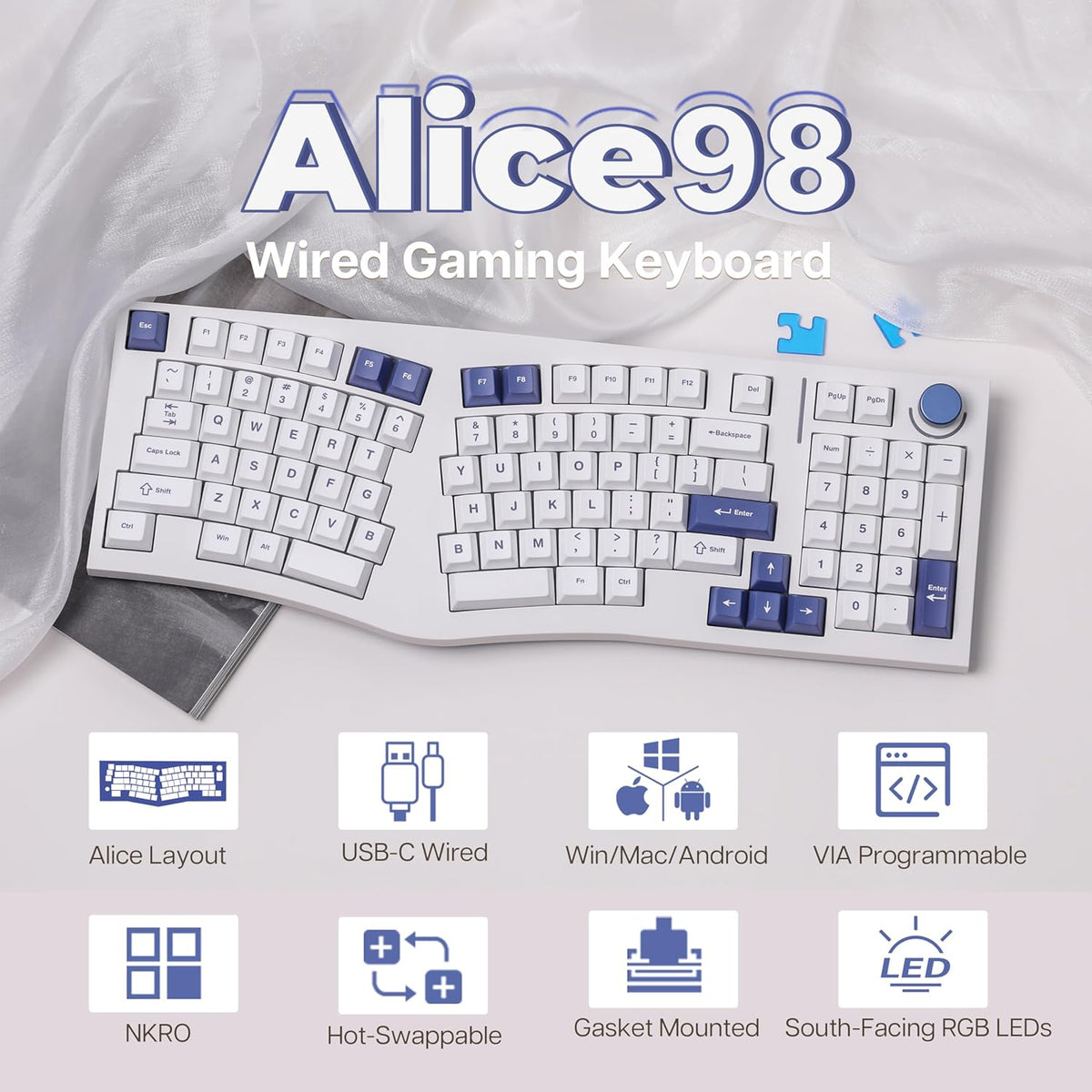 Feker Alice98 Ergonomic 98 Keys Custom Mechanical Keyboard, VIA Programmable, USB-C Wired Gaming Keyboard, Hot Swappable, 5 Layer Paddings, Control Knob, NKRO, RGB for Win/Mac (White)