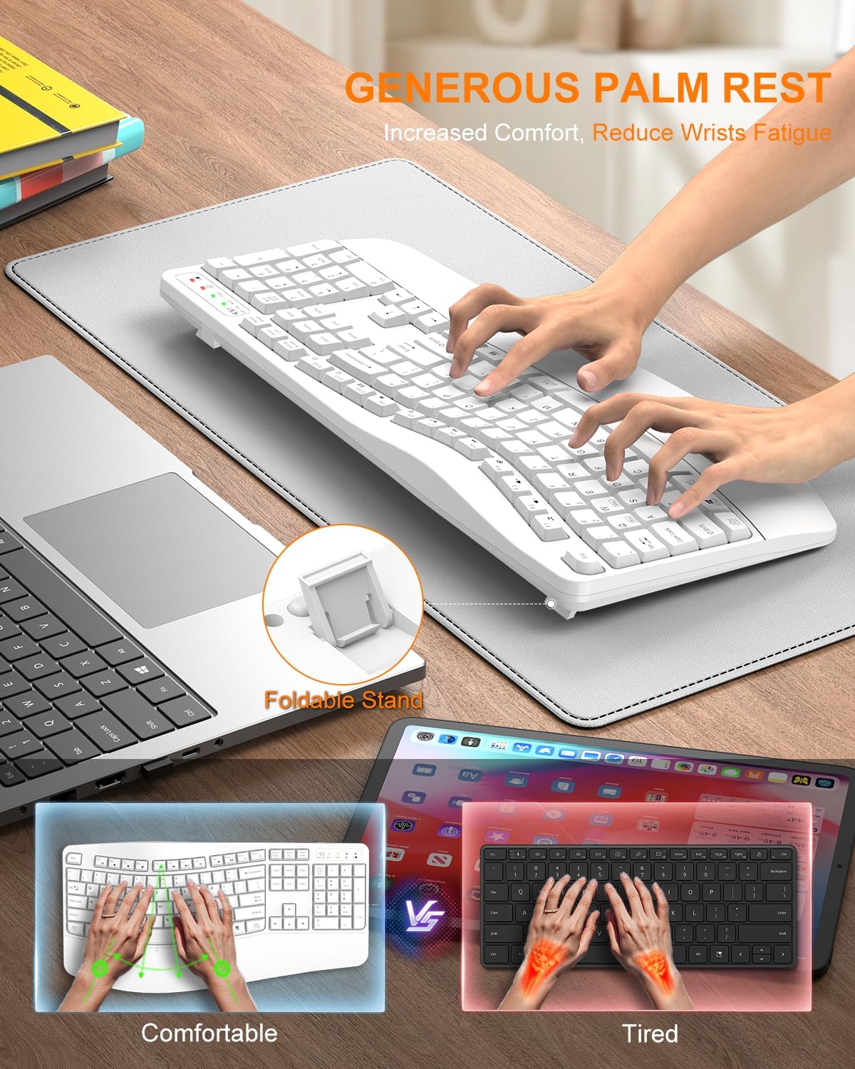 EDJO Ergonomic Wireless Keyboard for Large Hands, with Wrist Rest, Wave Keys, 2.4GHz Full Size Ergo Cordless USB Computer Keyboard, Comfortable Natural Typing, for Laptop, Mac, Windows (White)