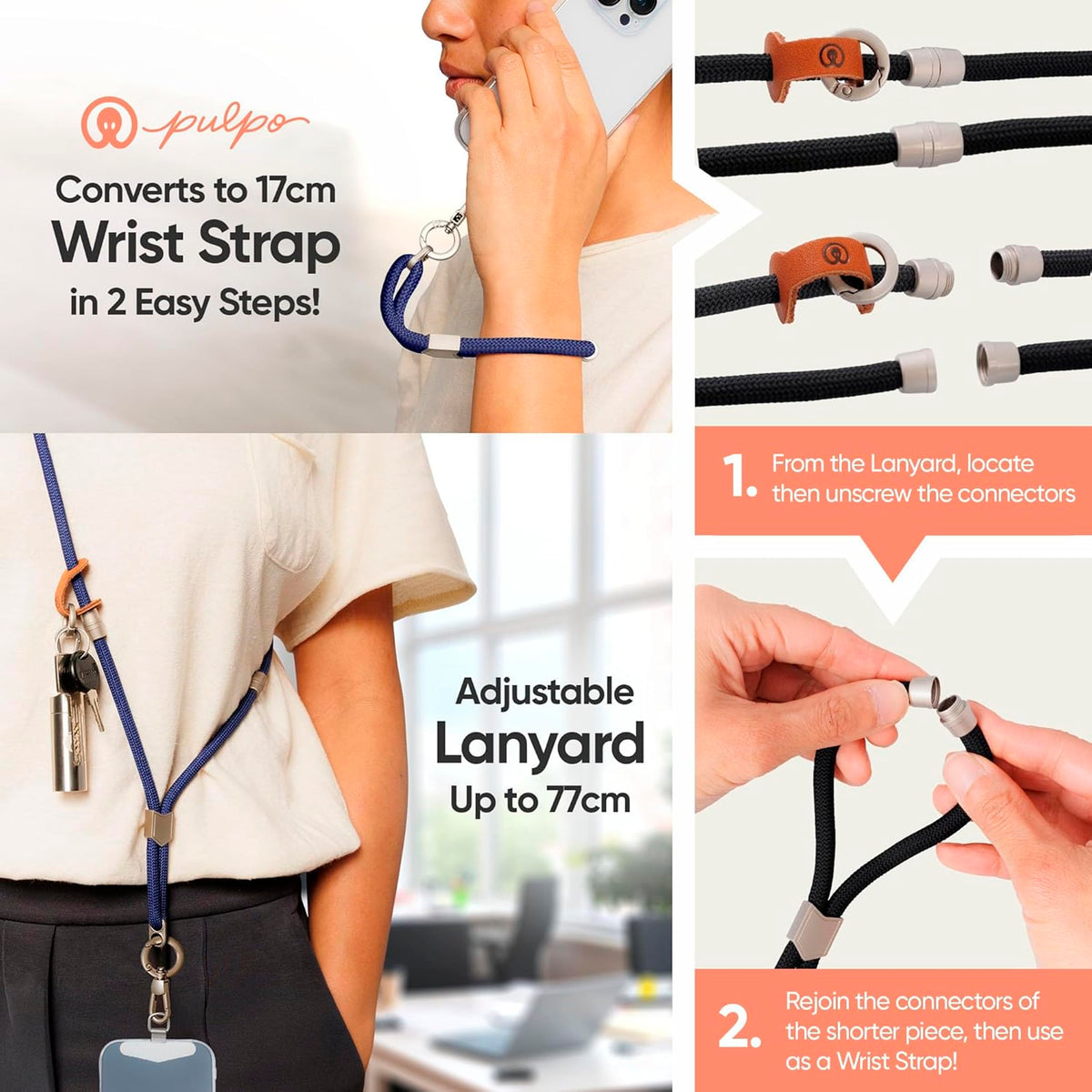 Pulpo 2 in 1 Crossbody Anti Theft Phone Lanyard and Wrist Strap for iPhone and Android, Adjustable Cell Phone Leash and Universal Tether, Hands Free