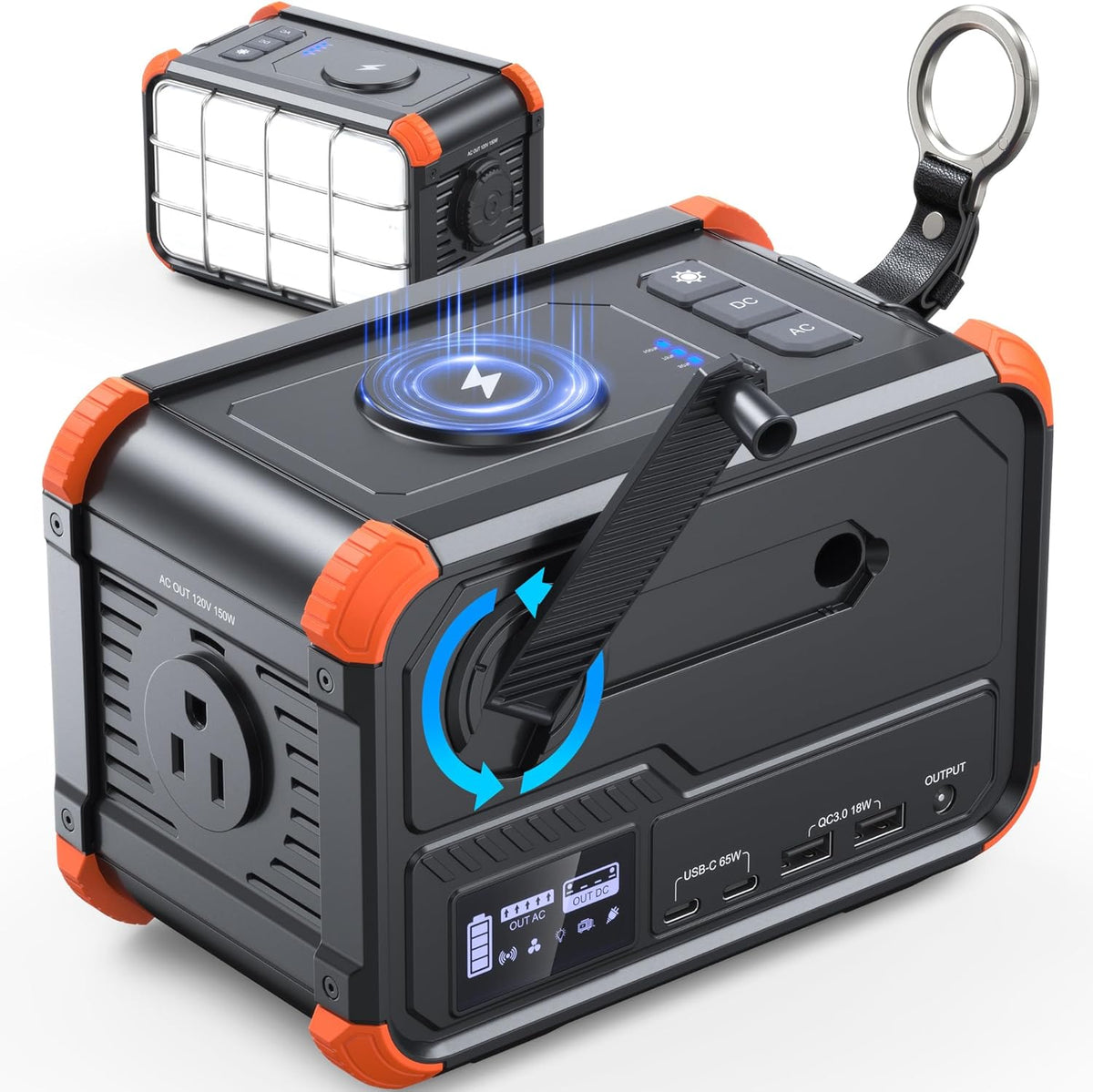 BROWEY Portable Power Station 153Wh Camping Small Solar Generator with Hand Crank 120V 150W AC Outlet Lithium Battery Power Bank, Wireless Charging Emergency Charger for Outdoor Travel Home Backup