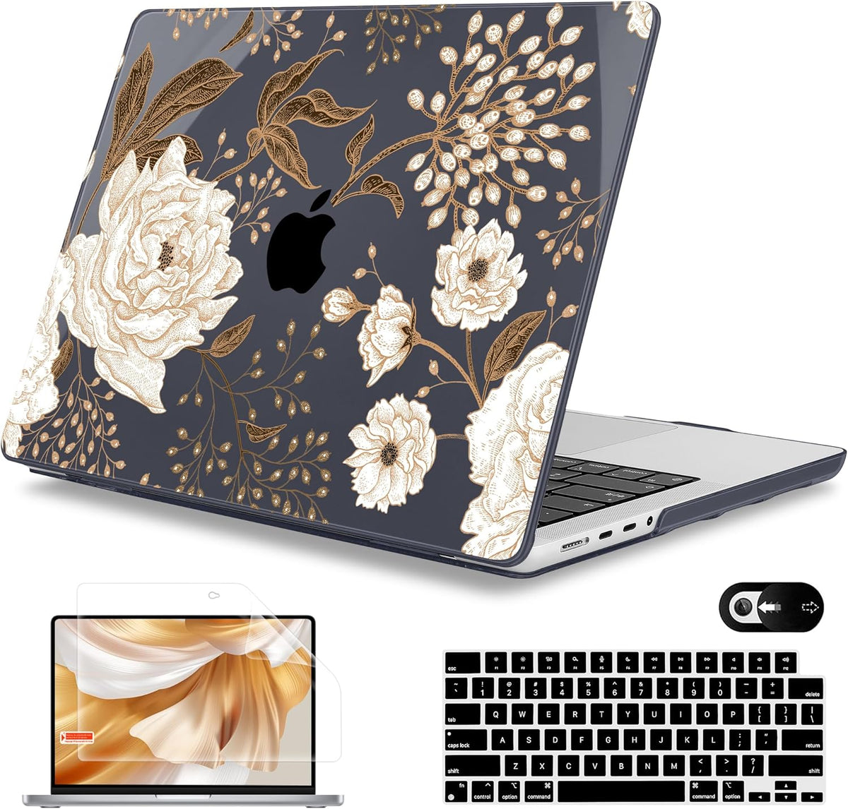 Mektron Case for MacBook Pro 16" M4 A3403 A3186 M3 A2991 M2 A2780 M1 A2485 (2021/2023/2024) Pro/Max with Touch ID, Hard Shell Plastic Laptop Cover Keyboard Cover Screen Protector, Peonies Roses