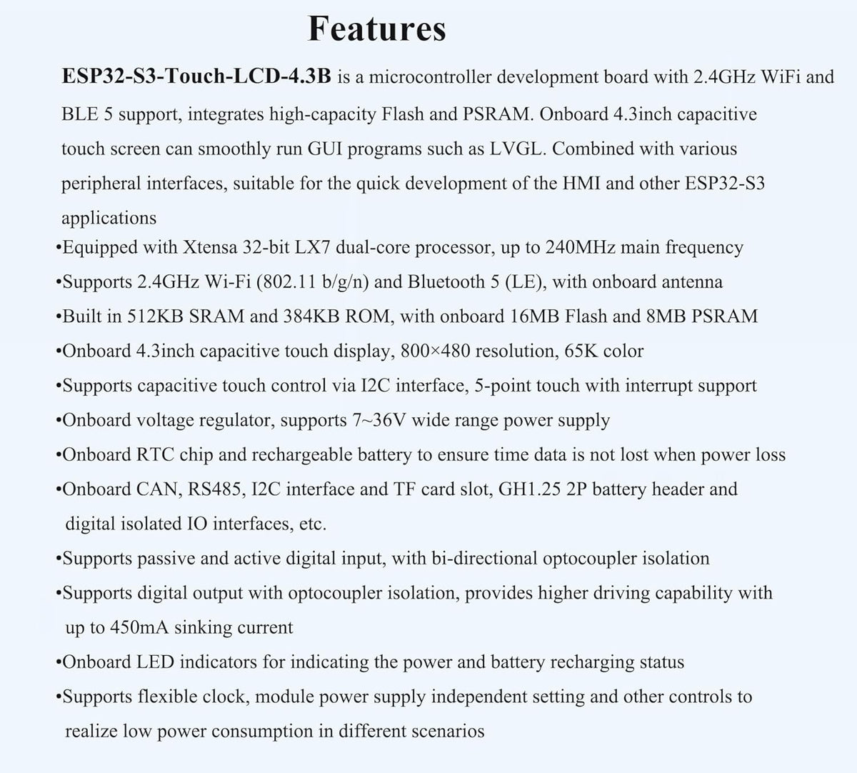 ESP32-S3 4.3inch Touch Screen Development Board, Capacitive IPS Display 800x480, Support 2.4GHz Wi-Fi and Bluetooth 5